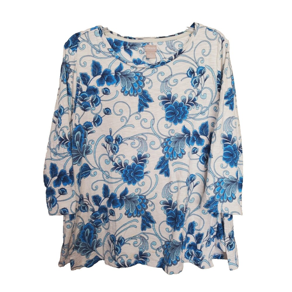 Chico's Slub Knit Blue Floral 3/4 Sleeve Crew Neck T-Shirt Size 3 (XL)